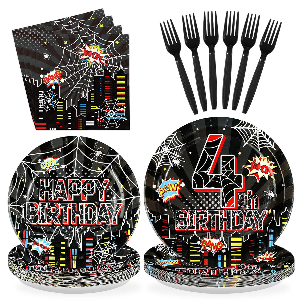 96 Pcs Black Spider 4th Birthday Party Plates and Napkins - Grencian
