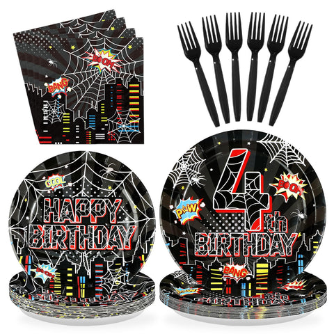 96 Pcs Black Spider 4th Birthday Party Plates and Napkins - Grencian