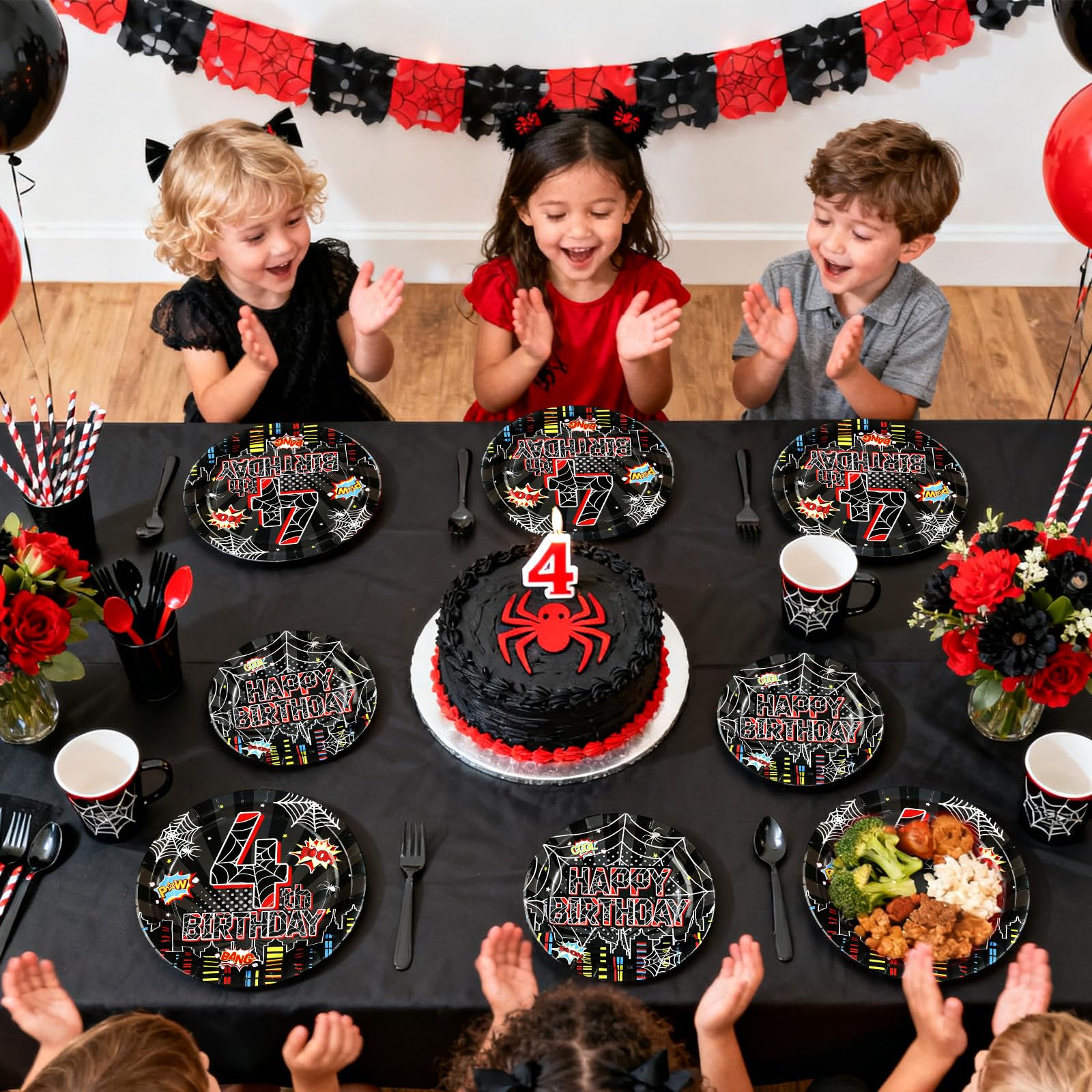 96 Pcs Black Spider 4th Birthday Party Plates and Napkins - Grencian