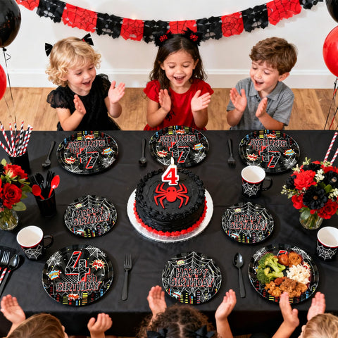 96 Pcs Black Spider 4th Birthday Party Plates and Napkins - Grencian