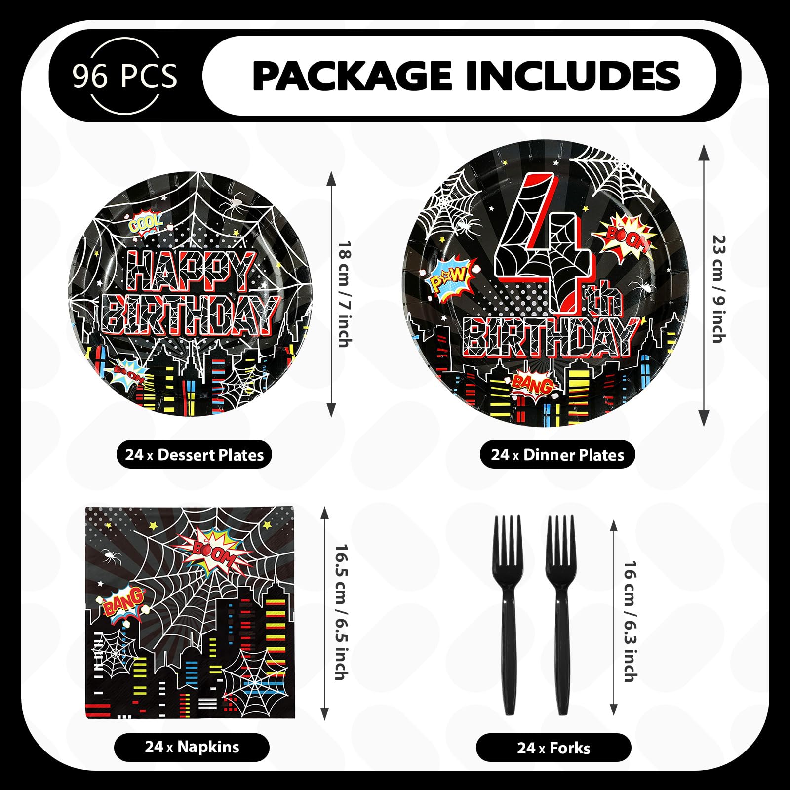 96 Pcs Black Spider 4th Birthday Party Plates and Napkins - Grencian