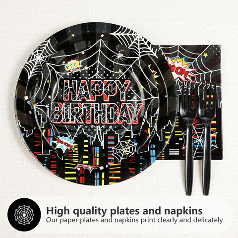 96 Pcs Black Spider 4th Birthday Party Plates and Napkins - Grencian