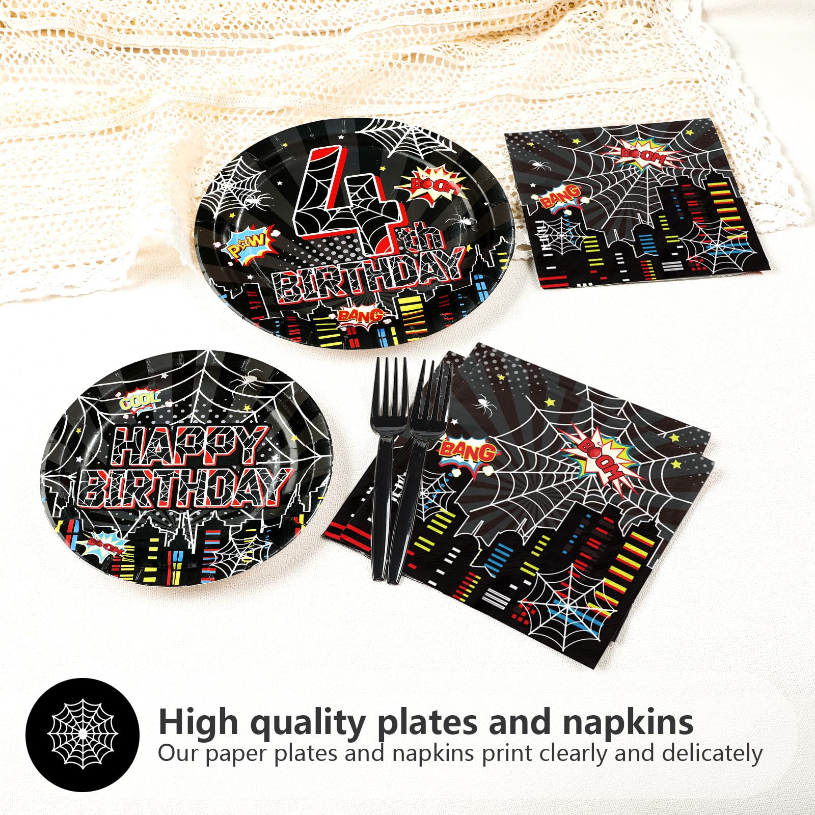 96 Pcs Black Spider 4th Birthday Party Plates and Napkins - Grencian
