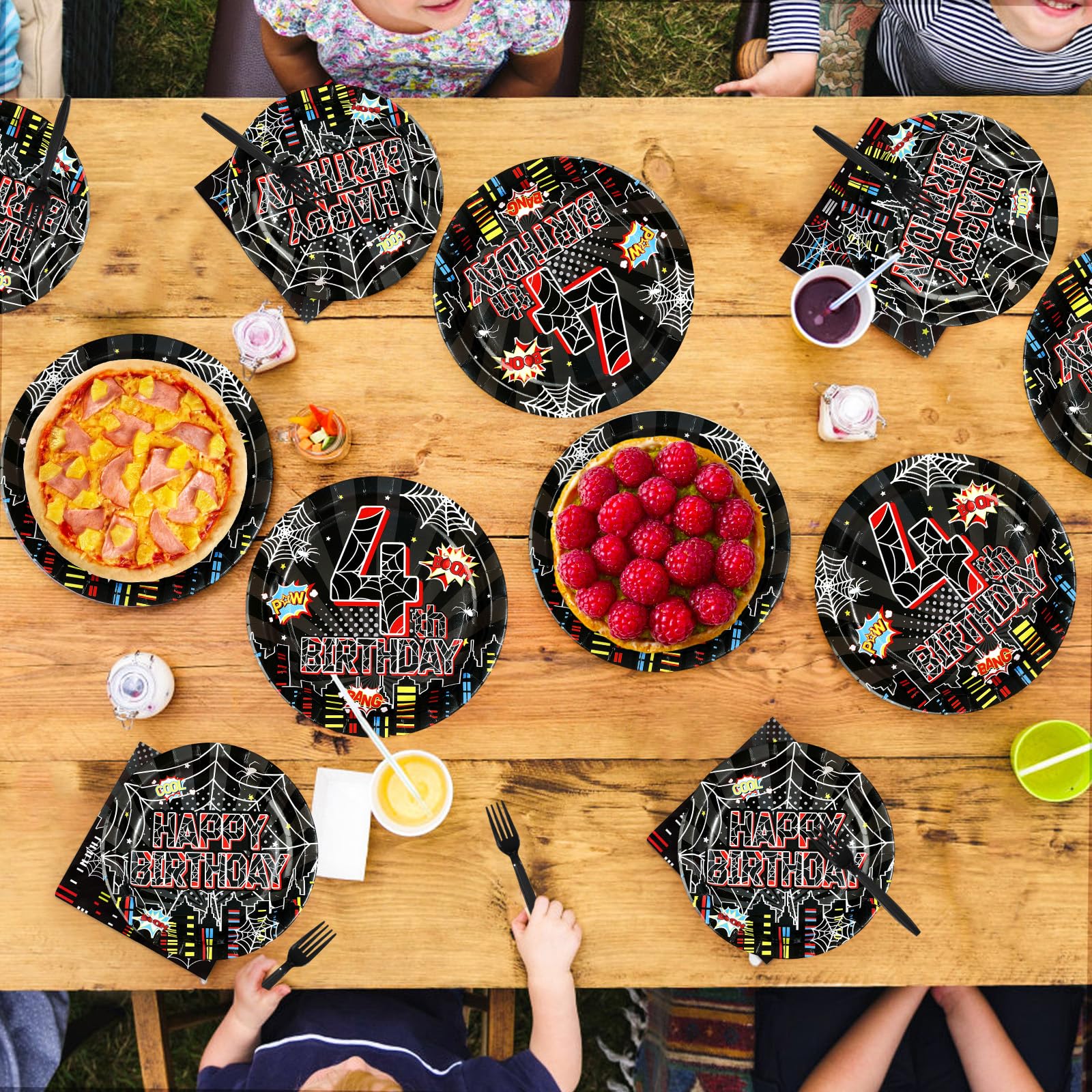 96 Pcs Black Spider 4th Birthday Party Plates and Napkins - Grencian
