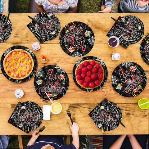 96 Pcs Black Spider 4th Birthday Party Plates and Napkins - Grencian