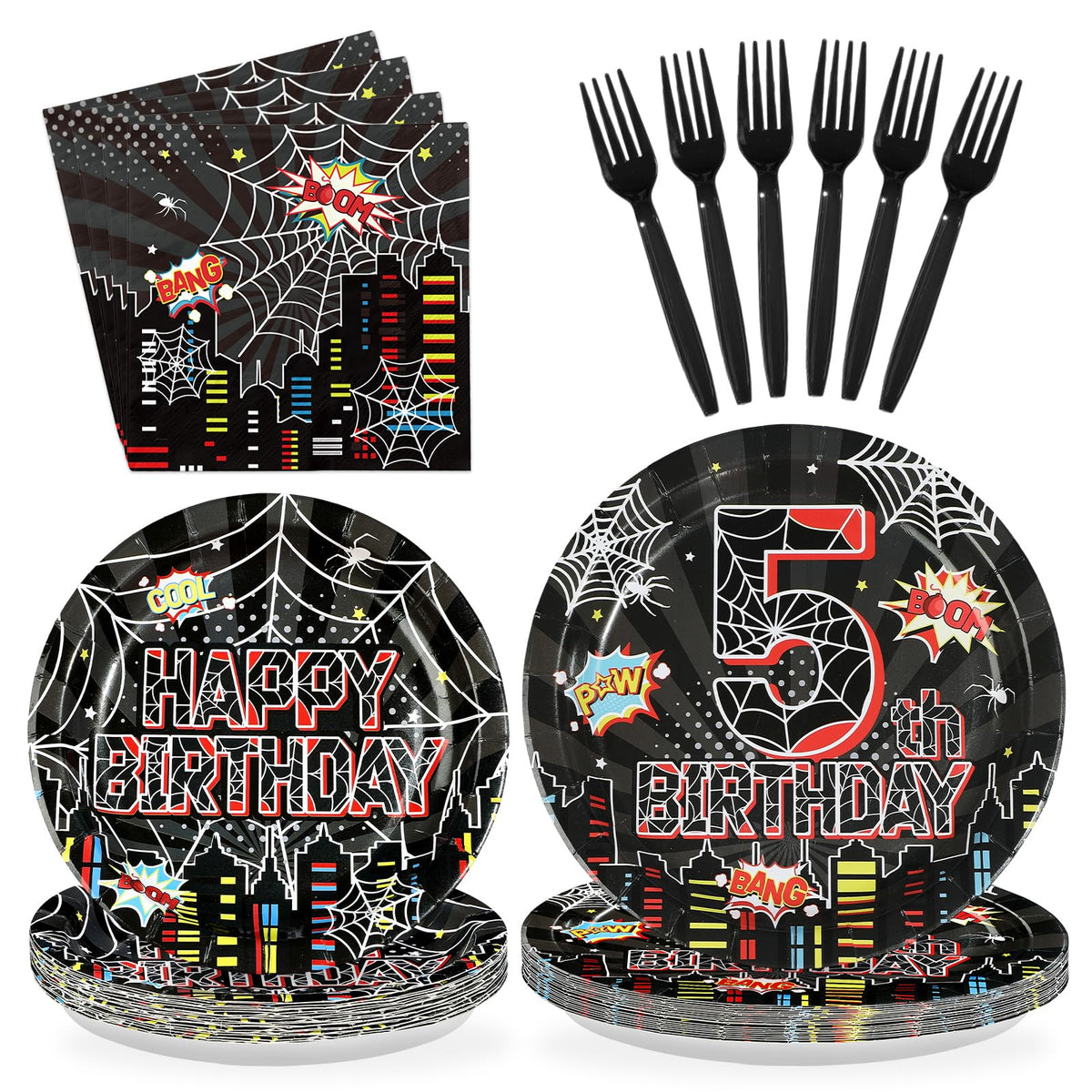 96 Pcs Black Spider 5th Birthday Party Plates and Napkins - Grencian