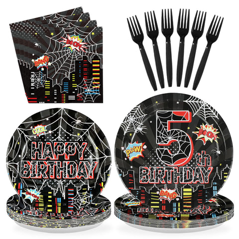 96 Pcs Black Spider 5th Birthday Party Plates and Napkins - Grencian