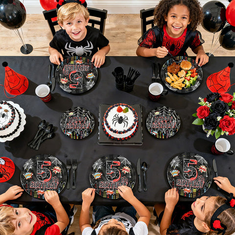 96 Pcs Black Spider 5th Birthday Party Plates and Napkins - Grencian