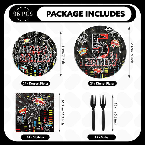 96 Pcs Black Spider 5th Birthday Party Plates and Napkins - Grencian