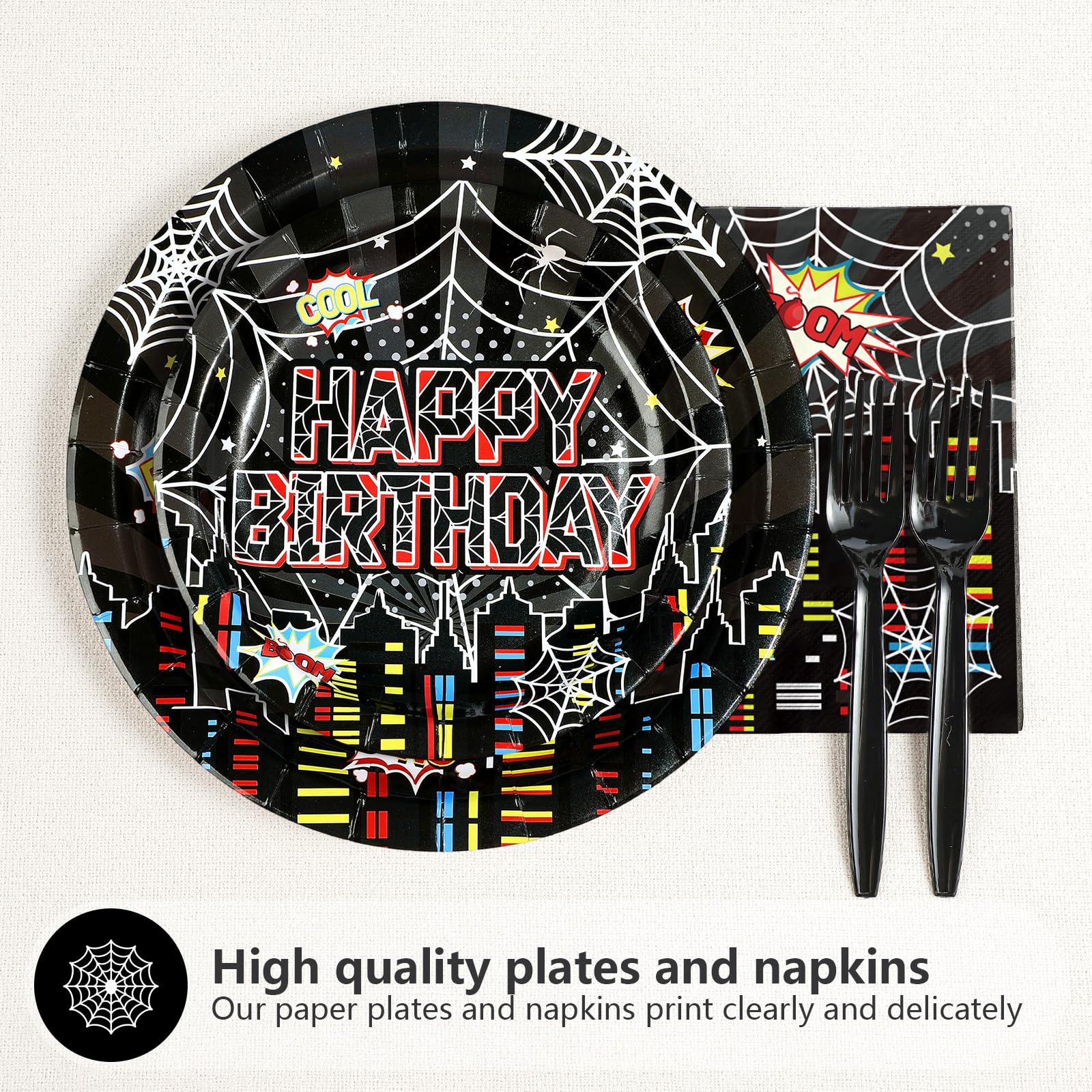 96 Pcs Black Spider 5th Birthday Party Plates and Napkins - Grencian
