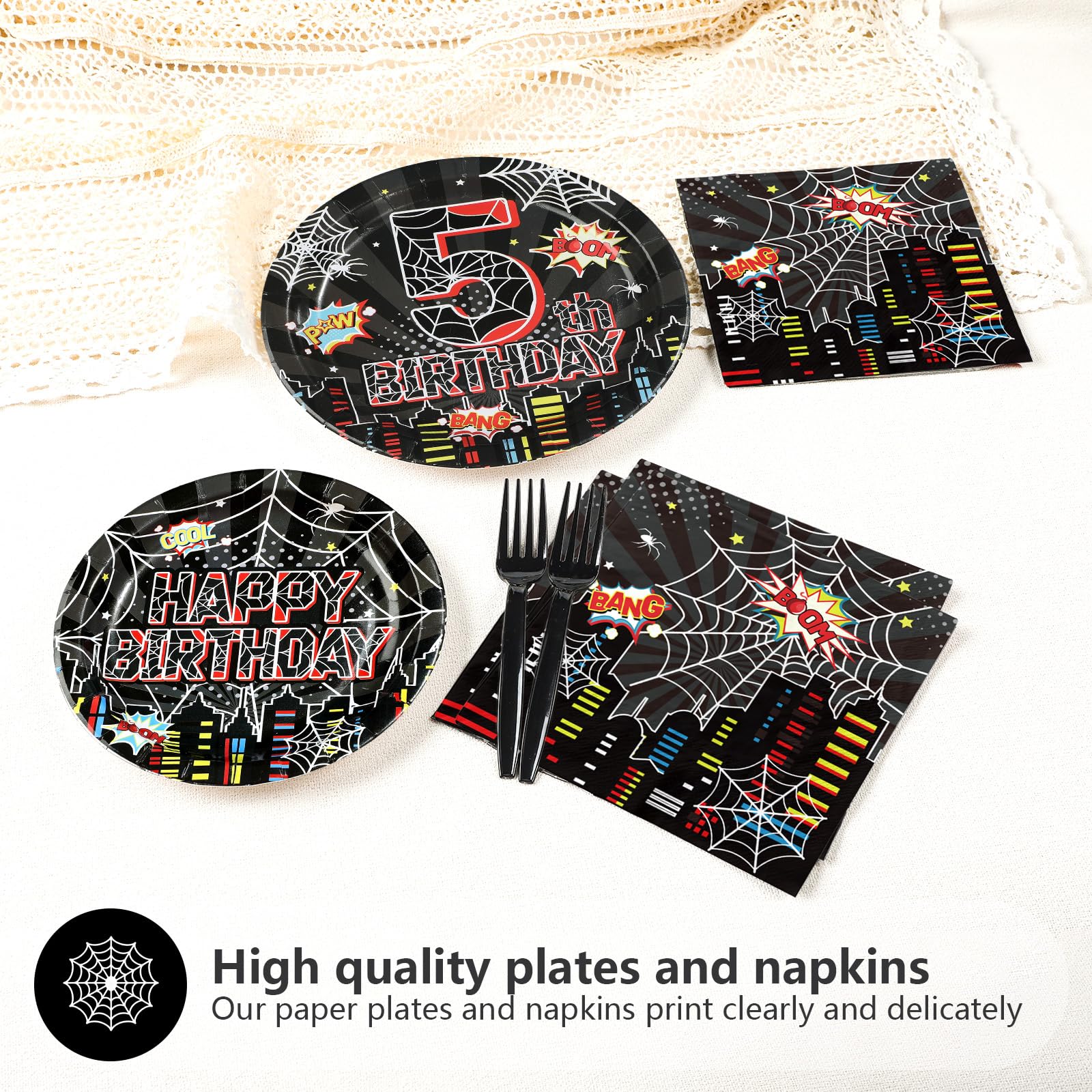 96 Pcs Black Spider 5th Birthday Party Plates and Napkins - Grencian