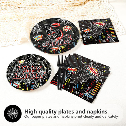 96 Pcs Black Spider 5th Birthday Party Plates and Napkins - Grencian
