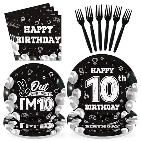 96 Pcs Black White 10th Birthday Party Plates and Napkins - Grencian