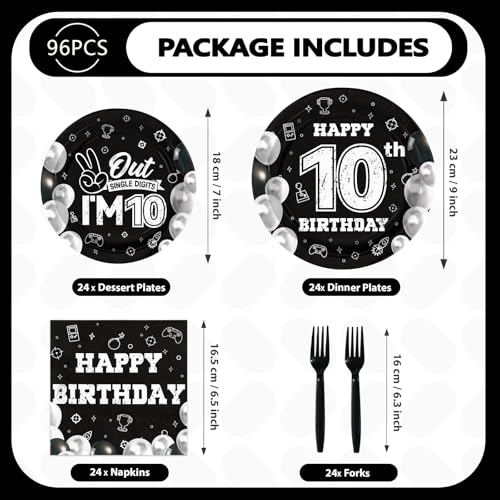 96 Pcs Black White 10th Birthday Party Plates and Napkins - Grencian