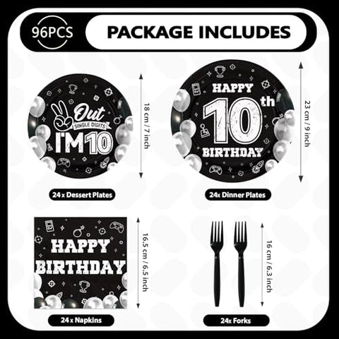 96 Pcs Black White 10th Birthday Party Plates and Napkins - Grencian