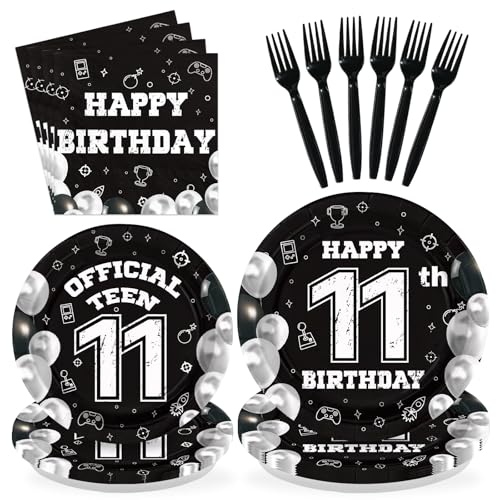 96 Pcs Black White 11th Birthday Party Plates and Napkins - Grencian