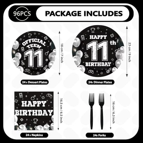 96 Pcs Black White 11th Birthday Party Plates and Napkins - Grencian