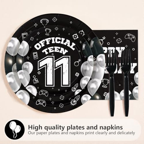 96 Pcs Black White 11th Birthday Party Plates and Napkins - Grencian