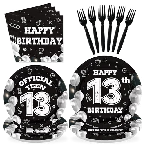 96 Pcs Black White 13th Birthday Party Plates and Napkins - Grencian