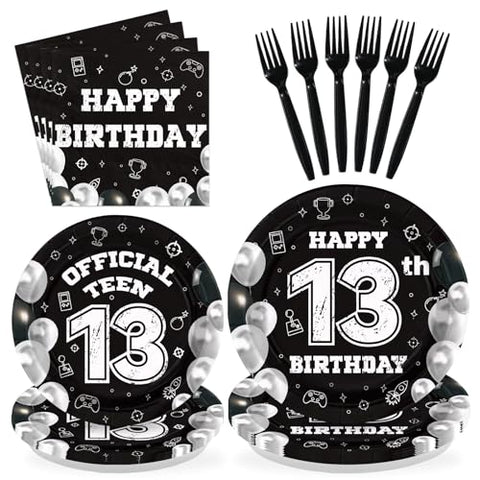 96 Pcs Black White 13th Birthday Party Plates and Napkins - Grencian