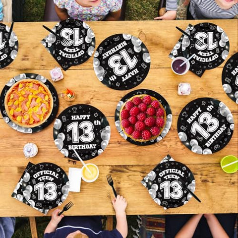 96 Pcs Black White 13th Birthday Party Plates and Napkins - Grencian