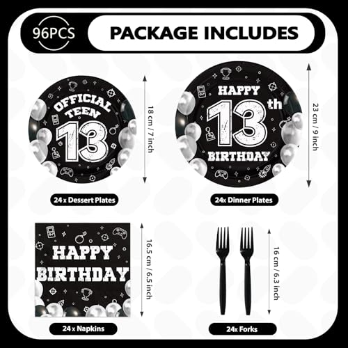 96 Pcs Black White 13th Birthday Party Plates and Napkins - Grencian