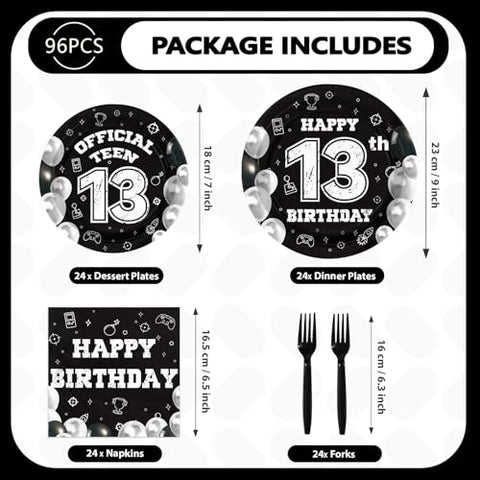 96 Pcs Black White 13th Birthday Party Plates and Napkins - Grencian