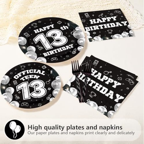96 Pcs Black White 13th Birthday Party Plates and Napkins - Grencian