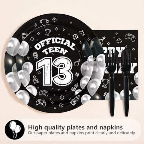 96 Pcs Black White 13th Birthday Party Plates and Napkins - Grencian