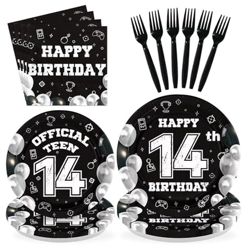 96 Pcs Black White 14th Birthday Party Plates and Napkins - Grencian