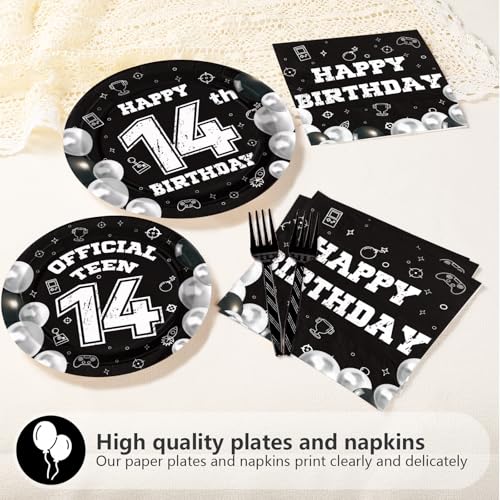 96 Pcs Black White 14th Birthday Party Plates and Napkins - Grencian