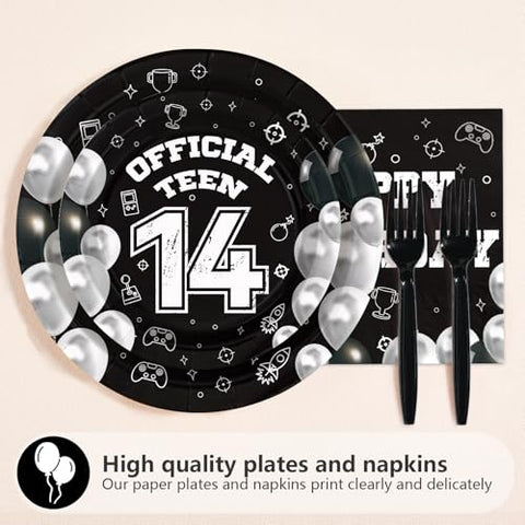96 Pcs Black White 14th Birthday Party Plates and Napkins - Grencian