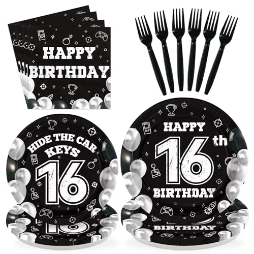 96 Pcs Black White 16th Birthday Party Plates and Napkins - Grencian