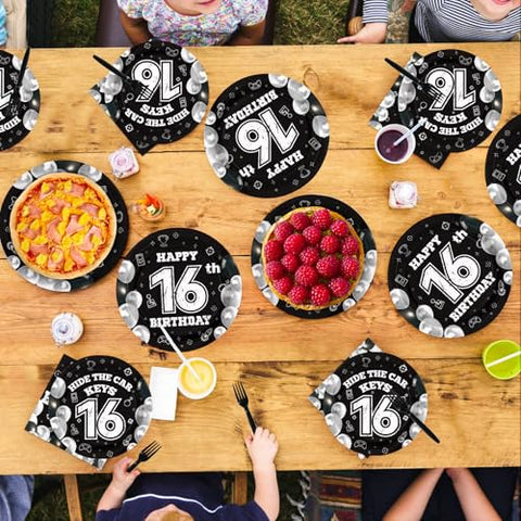 96 Pcs Black White 16th Birthday Party Plates and Napkins - Grencian