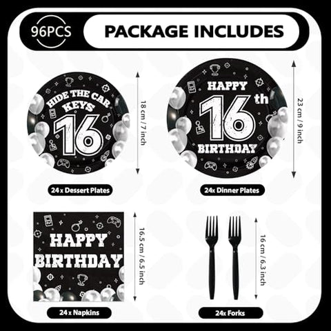 96 Pcs Black White 16th Birthday Party Plates and Napkins - Grencian