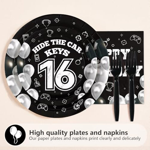 96 Pcs Black White 16th Birthday Party Plates and Napkins - Grencian