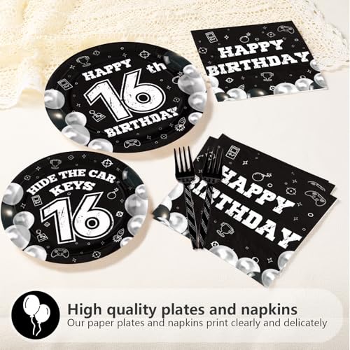 96 Pcs Black White 16th Birthday Party Plates and Napkins - Grencian