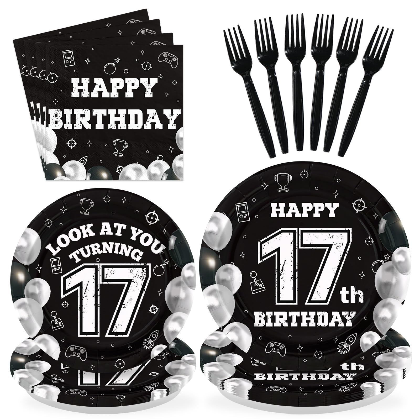 96 Pcs Black White 17th Birthday Party Plates and Napkins - Grencian
