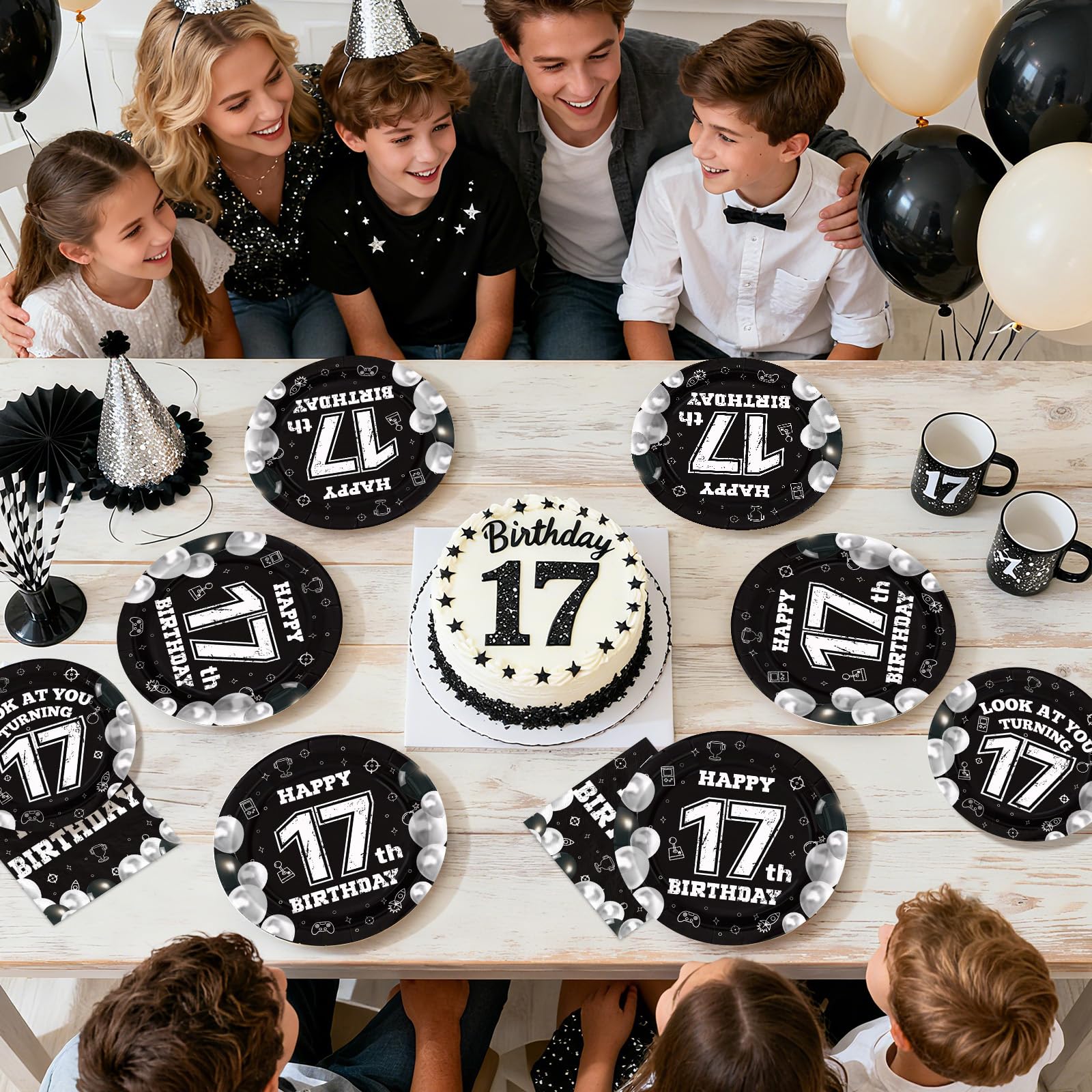 96 Pcs Black White 17th Birthday Party Plates and Napkins - Grencian