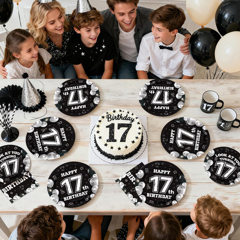 96 Pcs Black White 17th Birthday Party Plates and Napkins - Grencian