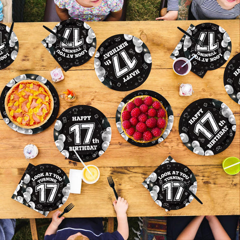 96 Pcs Black White 17th Birthday Party Plates and Napkins - Grencian