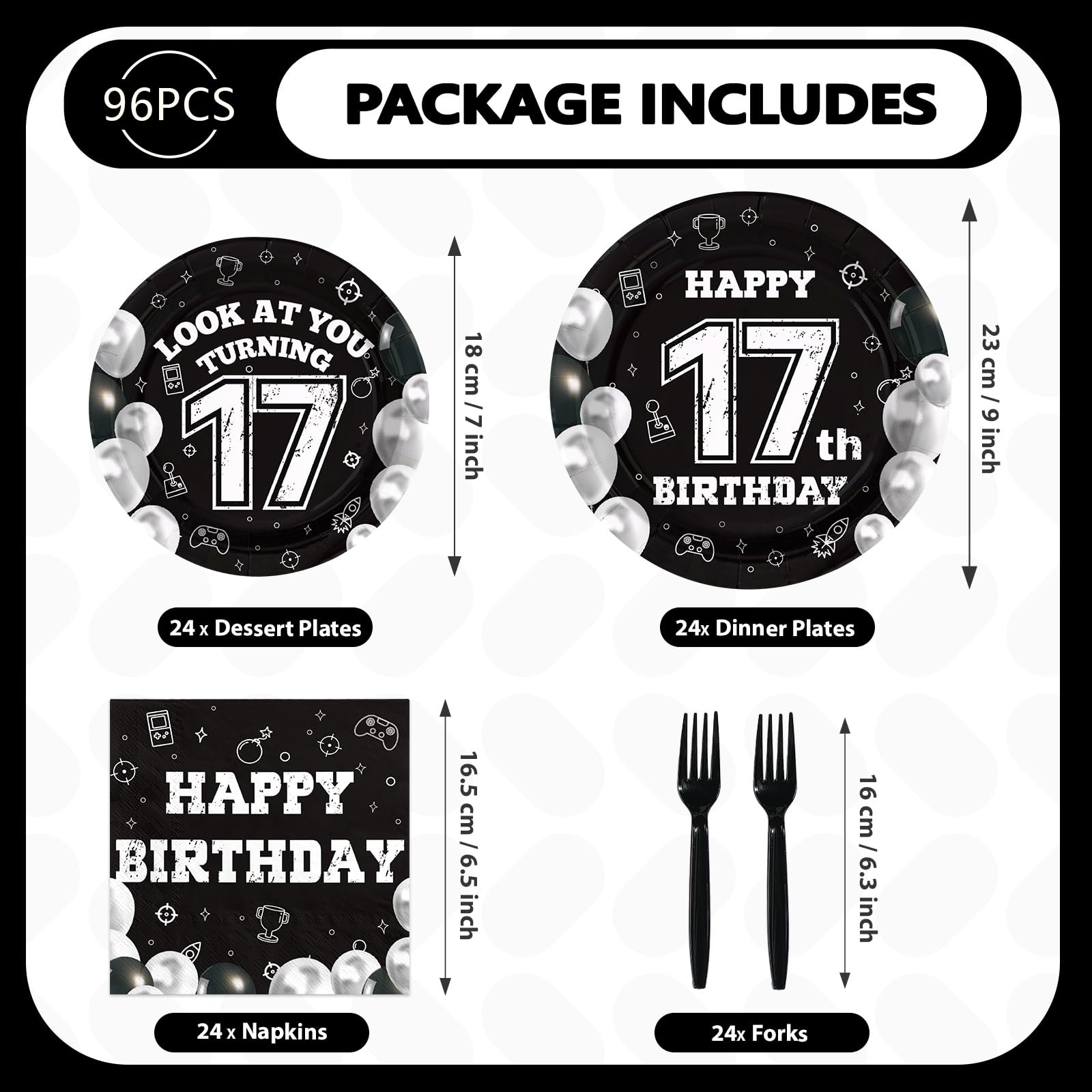 96 Pcs Black White 17th Birthday Party Plates and Napkins - Grencian