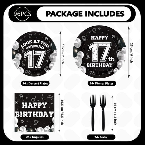 96 Pcs Black White 17th Birthday Party Plates and Napkins - Grencian