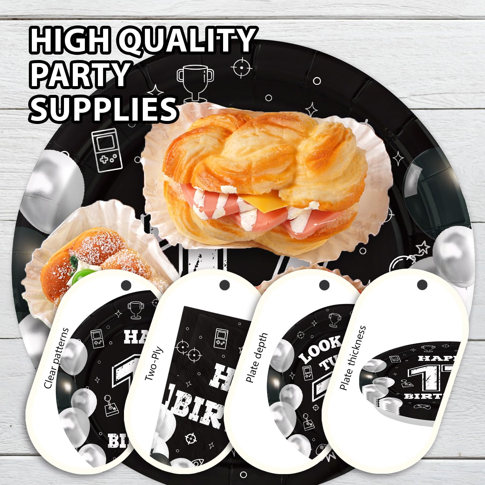 96 Pcs Black White 17th Birthday Party Plates and Napkins - Grencian