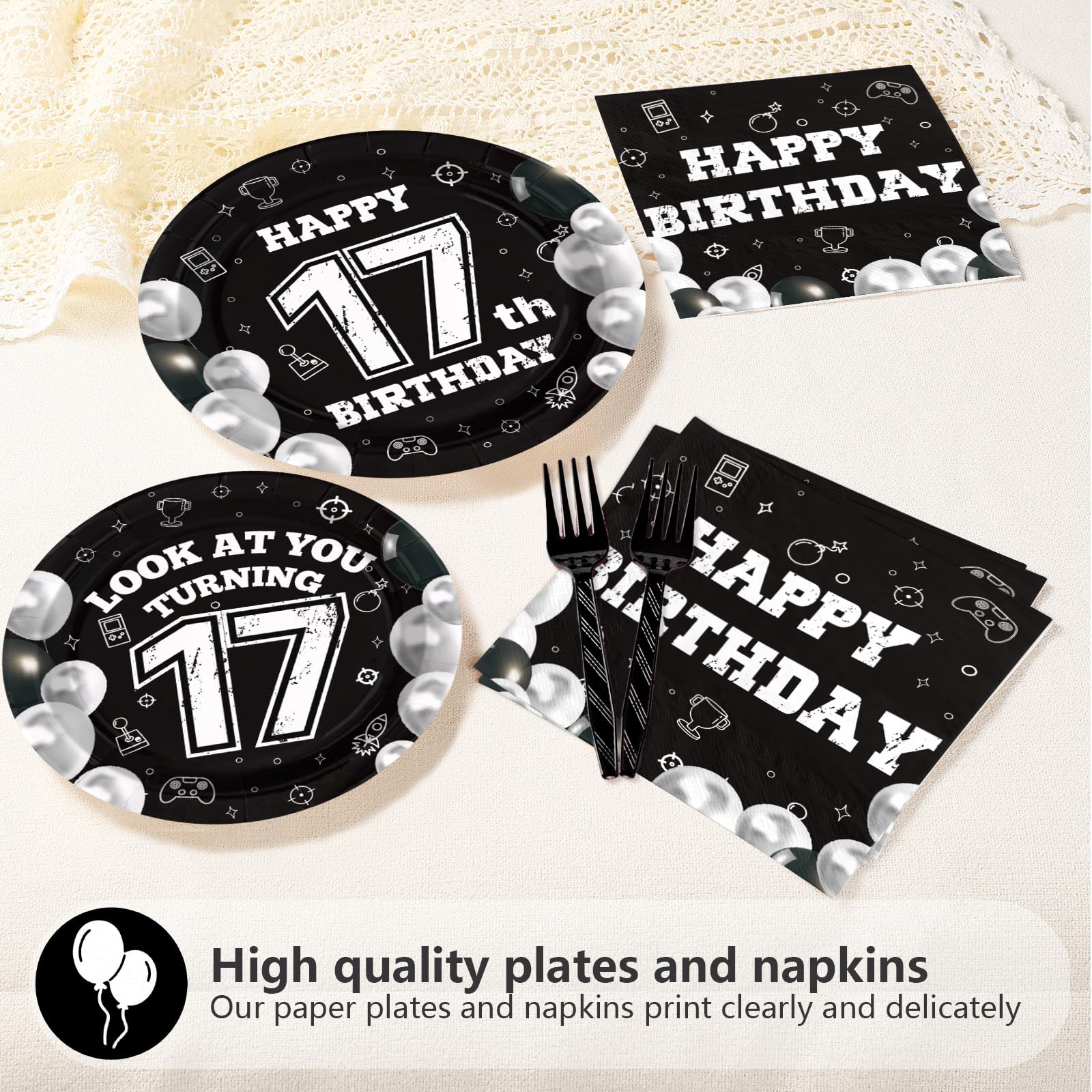 96 Pcs Black White 17th Birthday Party Plates and Napkins - Grencian