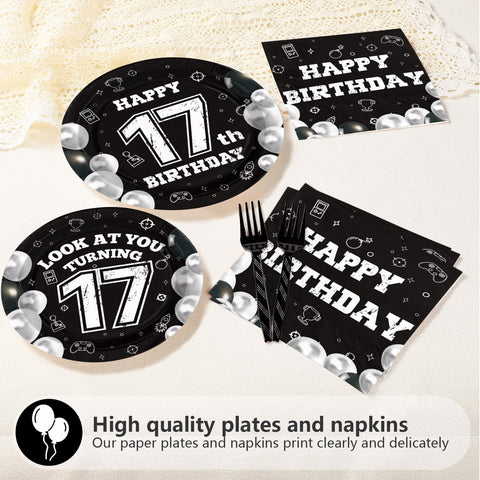 96 Pcs Black White 17th Birthday Party Plates and Napkins - Grencian