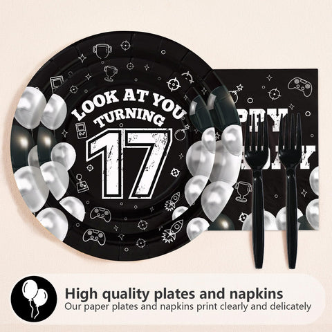 96 Pcs Black White 17th Birthday Party Plates and Napkins - Grencian