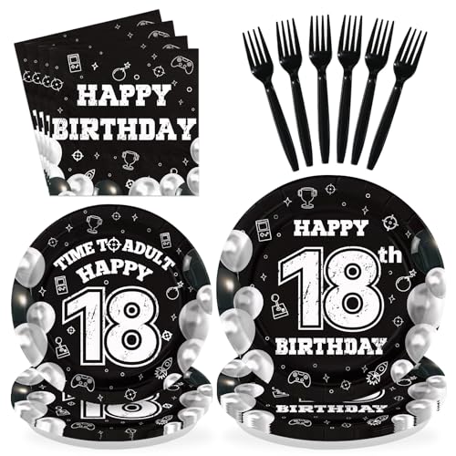 96 Pcs Black White 18th Birthday Party Plates and Napkins - Grencian