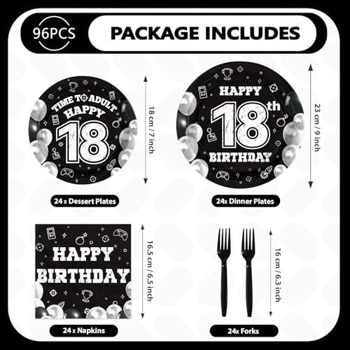 96 Pcs Black White 18th Birthday Party Plates and Napkins - Grencian