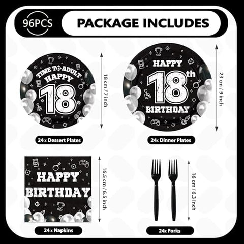 96 Pcs Black White 18th Birthday Party Plates and Napkins - Grencian